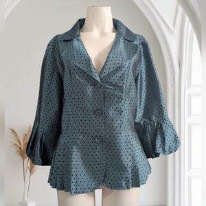 Dressbarn Collection Teal Black Polkadot Pleated Bell Sleeves Womens Blouse Top